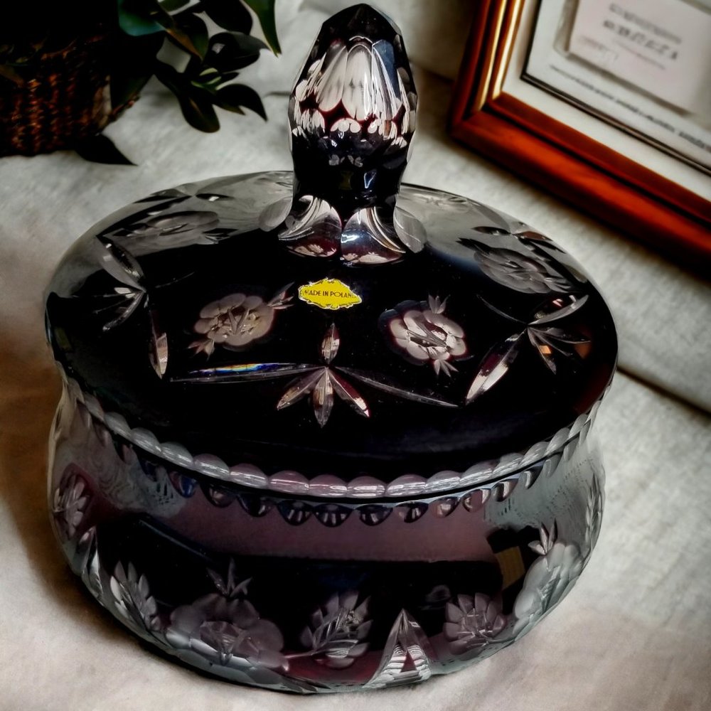 Amethyst Bohemian Crystal Candy Dish with * Lid Victorian Decor Dresser Display